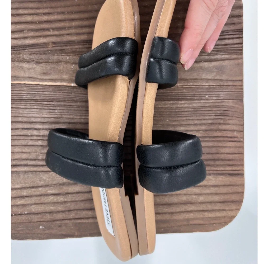 Steve Madden Leather Black‎ Puffy Double Strap Slide Sandals Square Toe Size 9